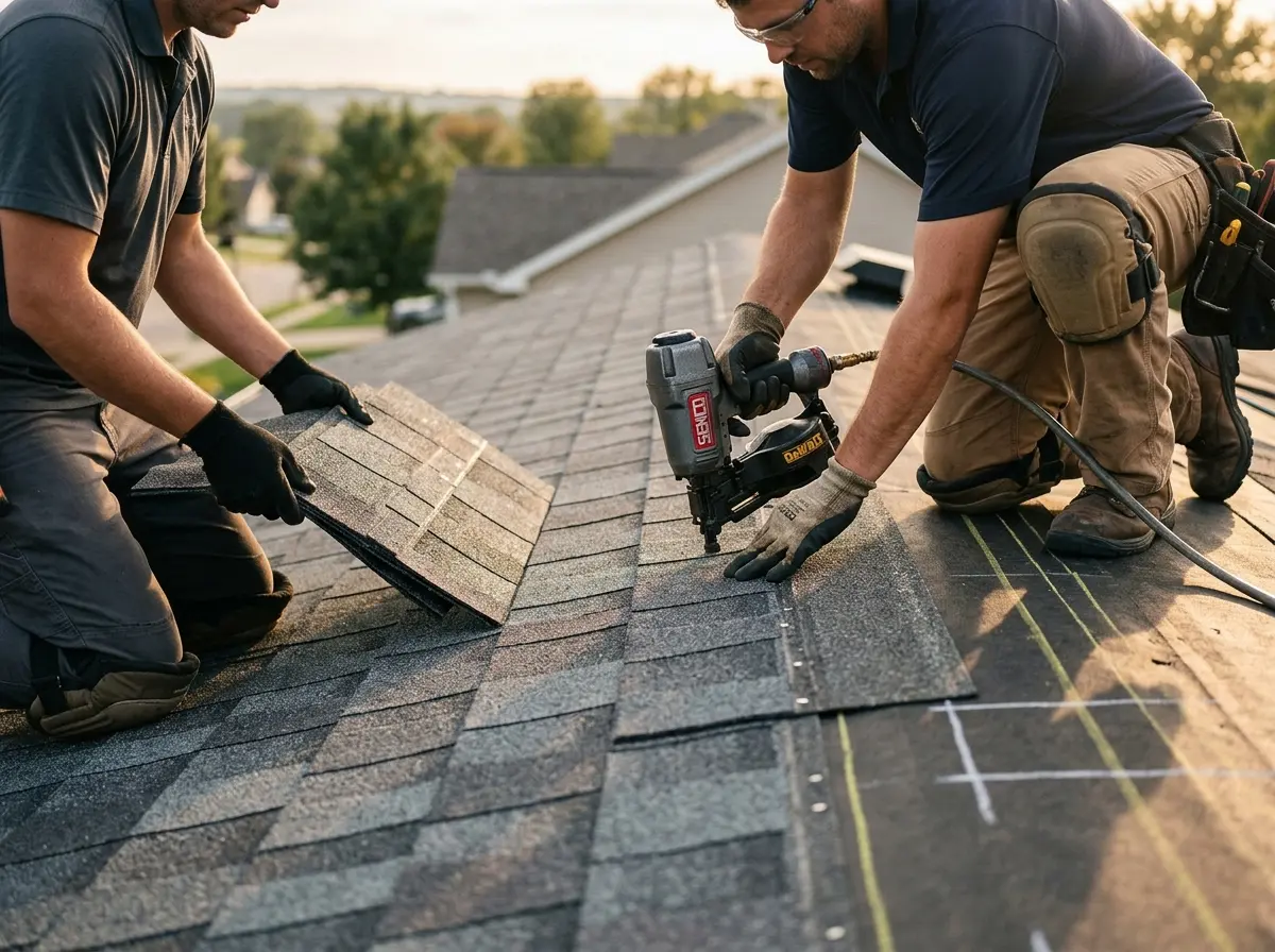 Professional roofer working on a residential roof in Buckingham
